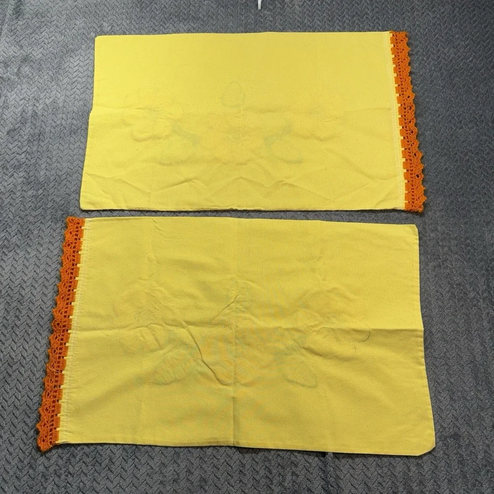 Vintage Cottagecore Hand Embroidered Pillowcase Set Standard‎ Lot of 2 Yellow